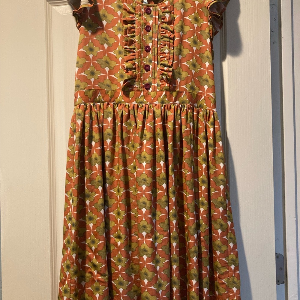 Matilda Jane Brown and Orange Pleated Sundress with Puff Cap Sleeves